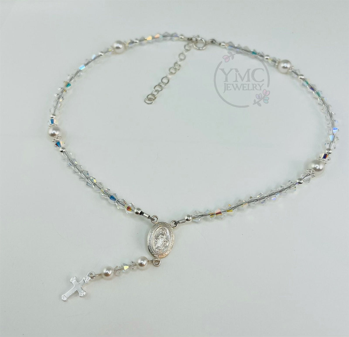 Silver Rosary Necklace,Miraculous Mary and Cross Necklace,First Communion Confirmation Rosary Necklace,Dainty Virgin Pearl Lariat Necklace