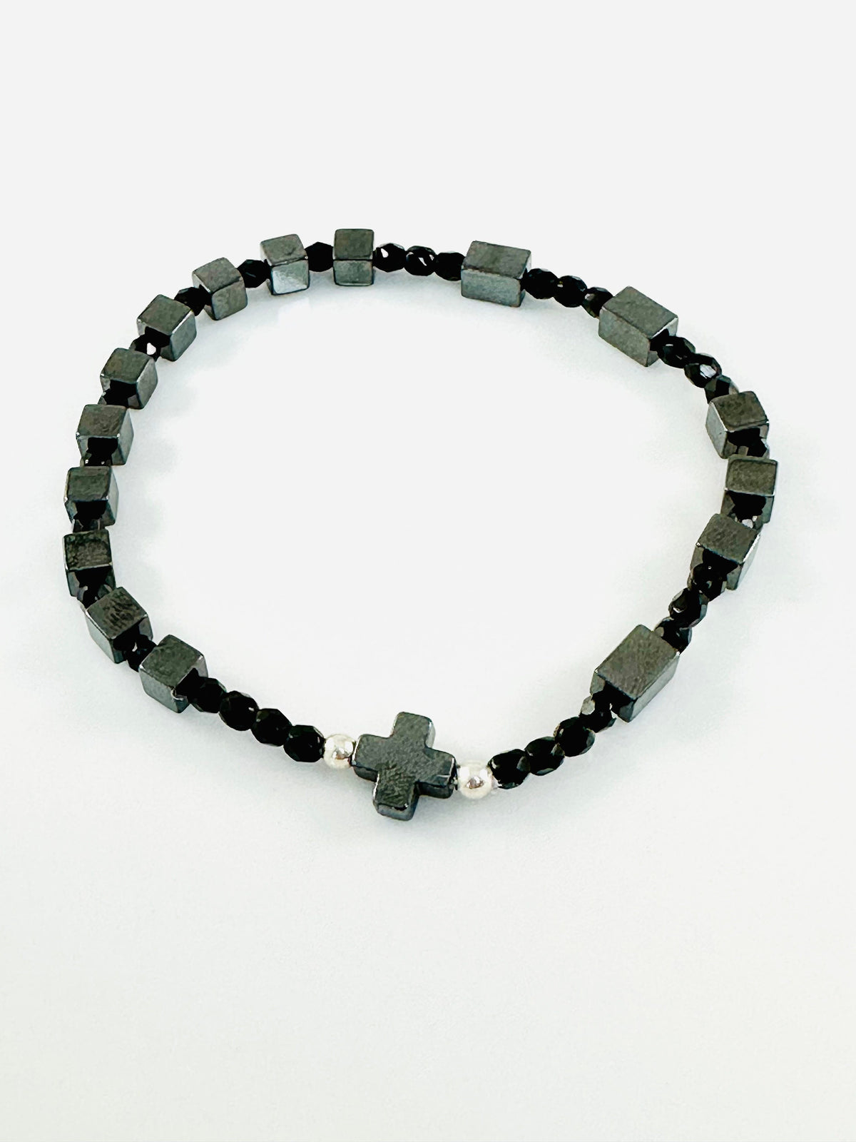 Black Gray Minimalist Men's Cross Bracelet,Baptism First Communion Confirmation Boy Men Godfather Dad Son Bracelet,Faith RCIA Men Bracelet