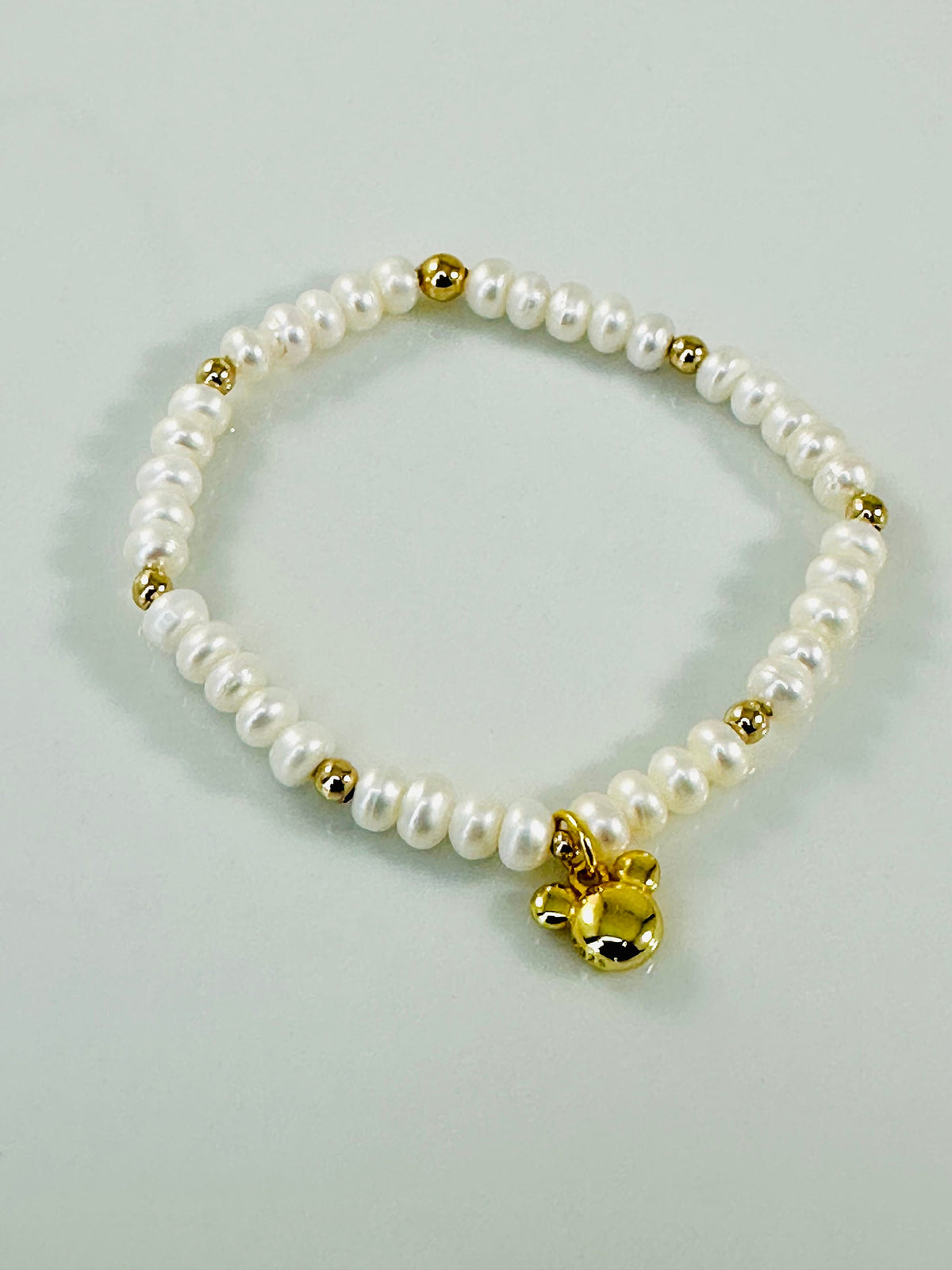 Real Pearl baby mickey bracelet,Pearls mouse bracelet,Mickey pearl and gold bracelet,gold and pearl stretch bead bracelet with mouse