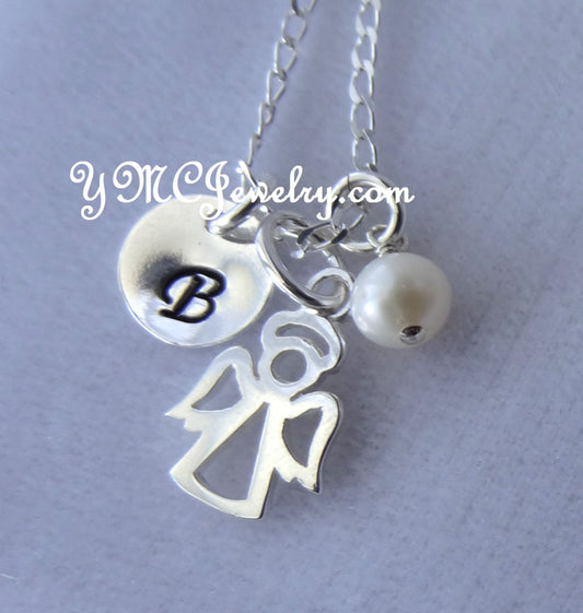 Silver Personalized Angel Necklace,Guardian Angel Necklace,Initial Letter Birthstone Necklace,First Communion Baptism Necklace,Sympathy Gift