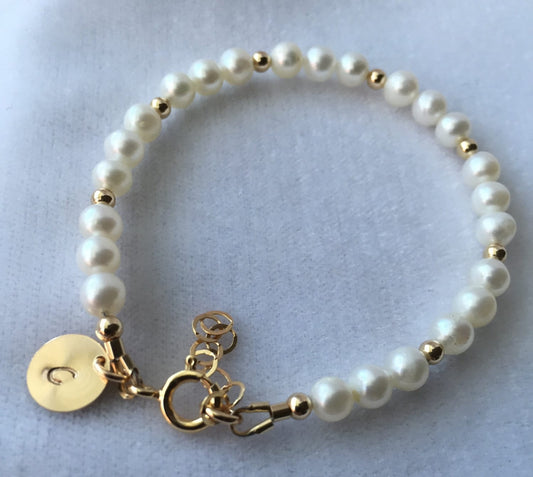 Gold Personalized Real Freshwater Pearl Bracelet,Gold Initial Pearl Bracelet,Baby Flower Little Girl Bracelet