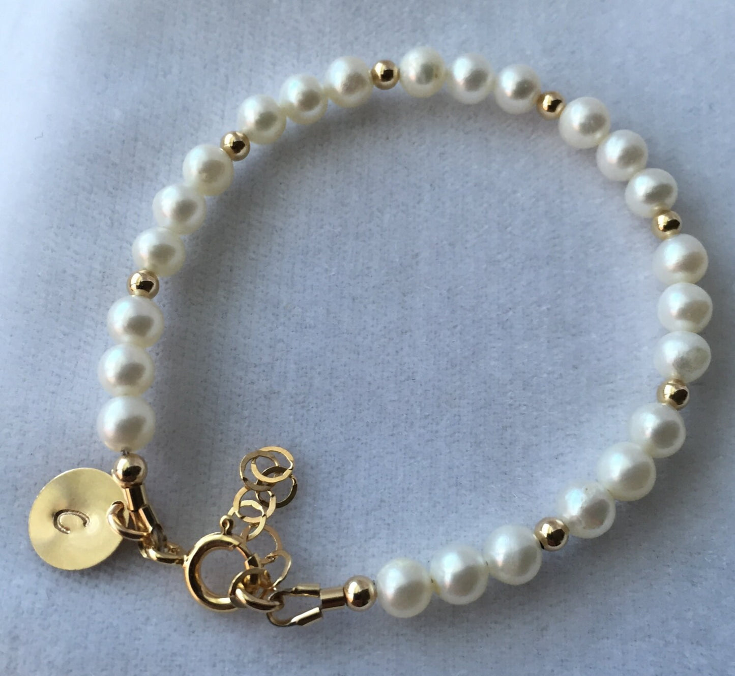 Gold Personalized Real Freshwater Pearl Bracelet,Gold Initial Pearl Bracelet,Baby Flower Little Girl Bracelet