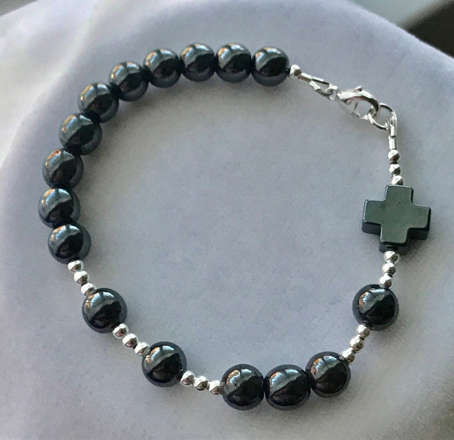 Sterling Hematite Men's Rosary Bracelet,First Communion Bracelet,Confirmation Bracelet,Godfather Bracelet, Men Chaplet Rosary Bracelet, RCIA