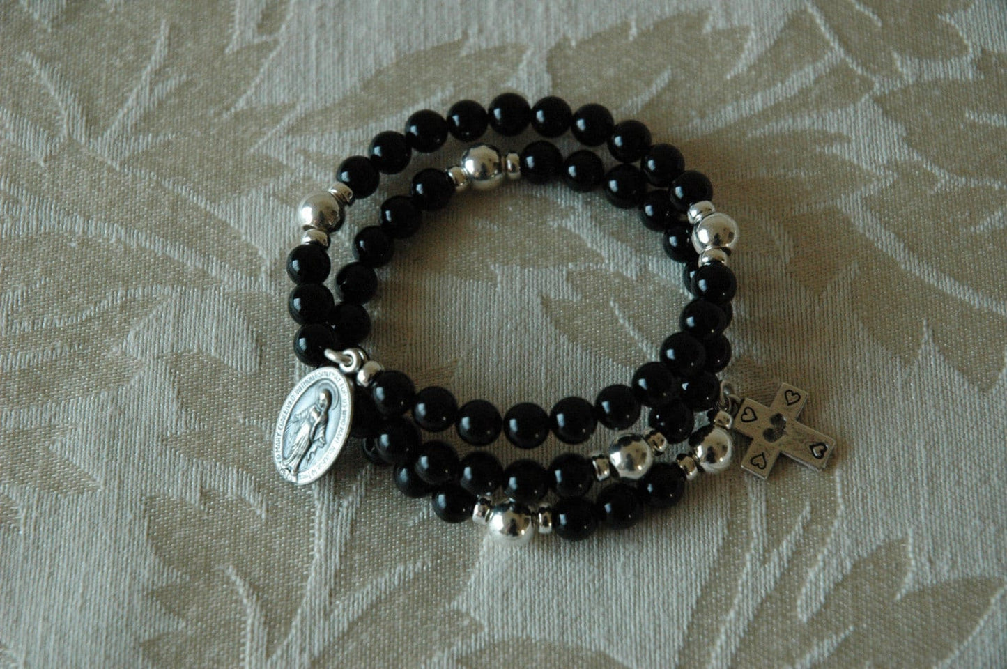 Sterling Silver Black Onyx Rosary Bracelet,Five Decade Wrap Around Rosary Bracelet,First Communion Confirmation Bracelet,Full RosaryBracelet