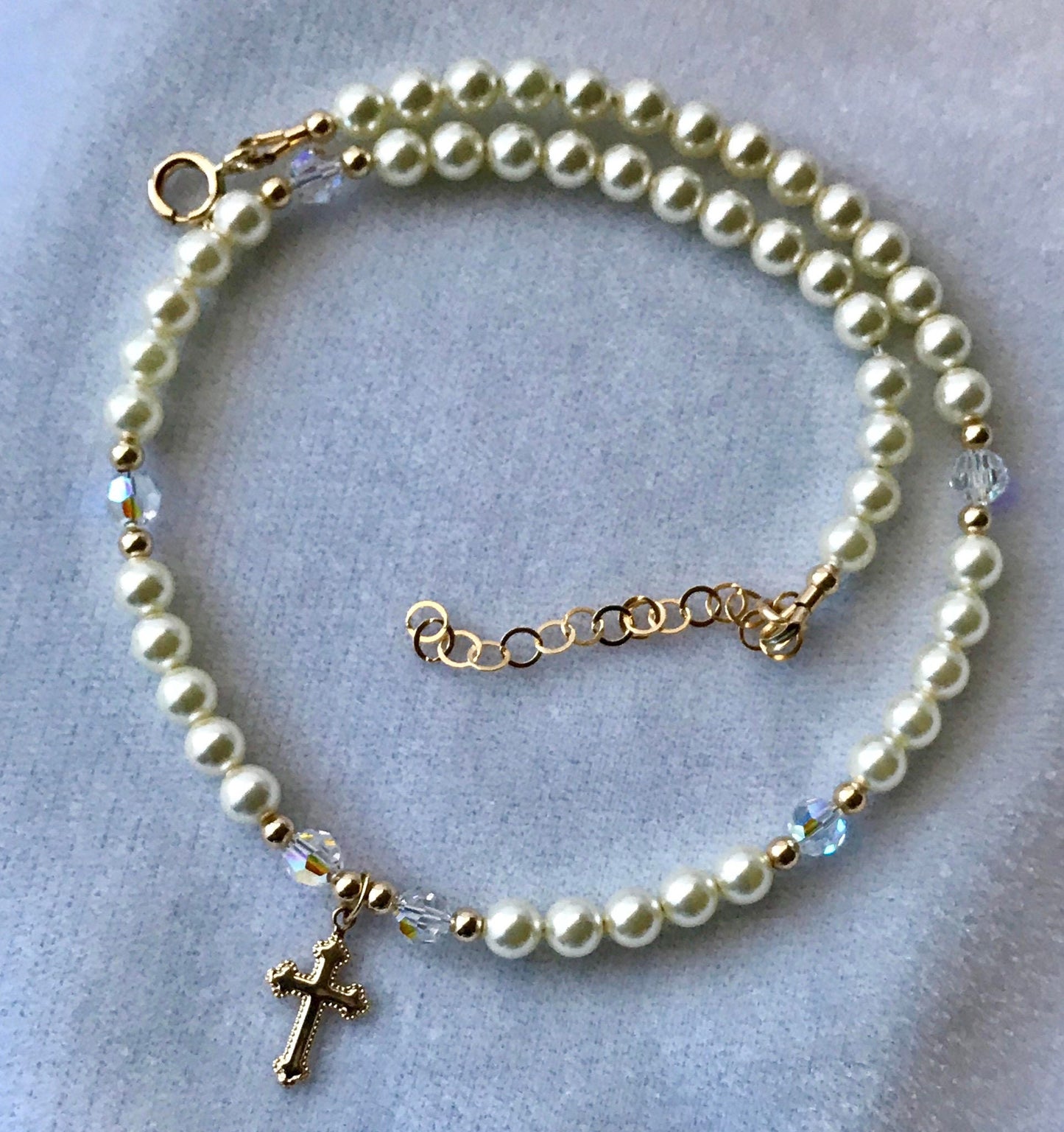 Gold Pearl Cross Necklace, Baptism First Communion Necklace