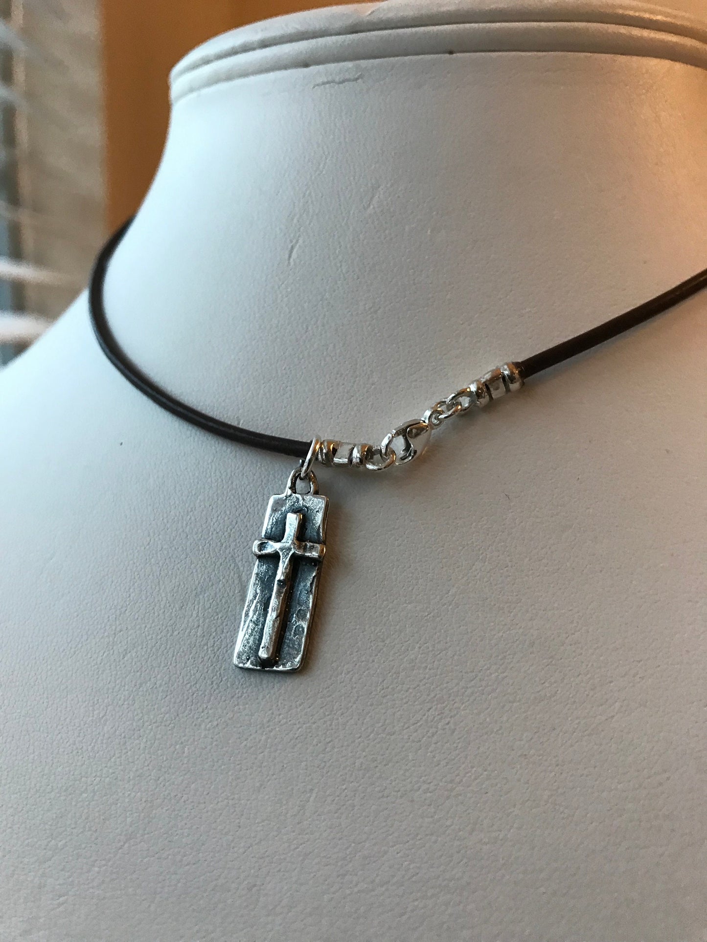 Silver Leather Cord Rectangle Cross Boy Necklace,First Communion Boy Necklace Gift,Confirmation Boy Necklace,Baptism Necklace,Cross Necklace