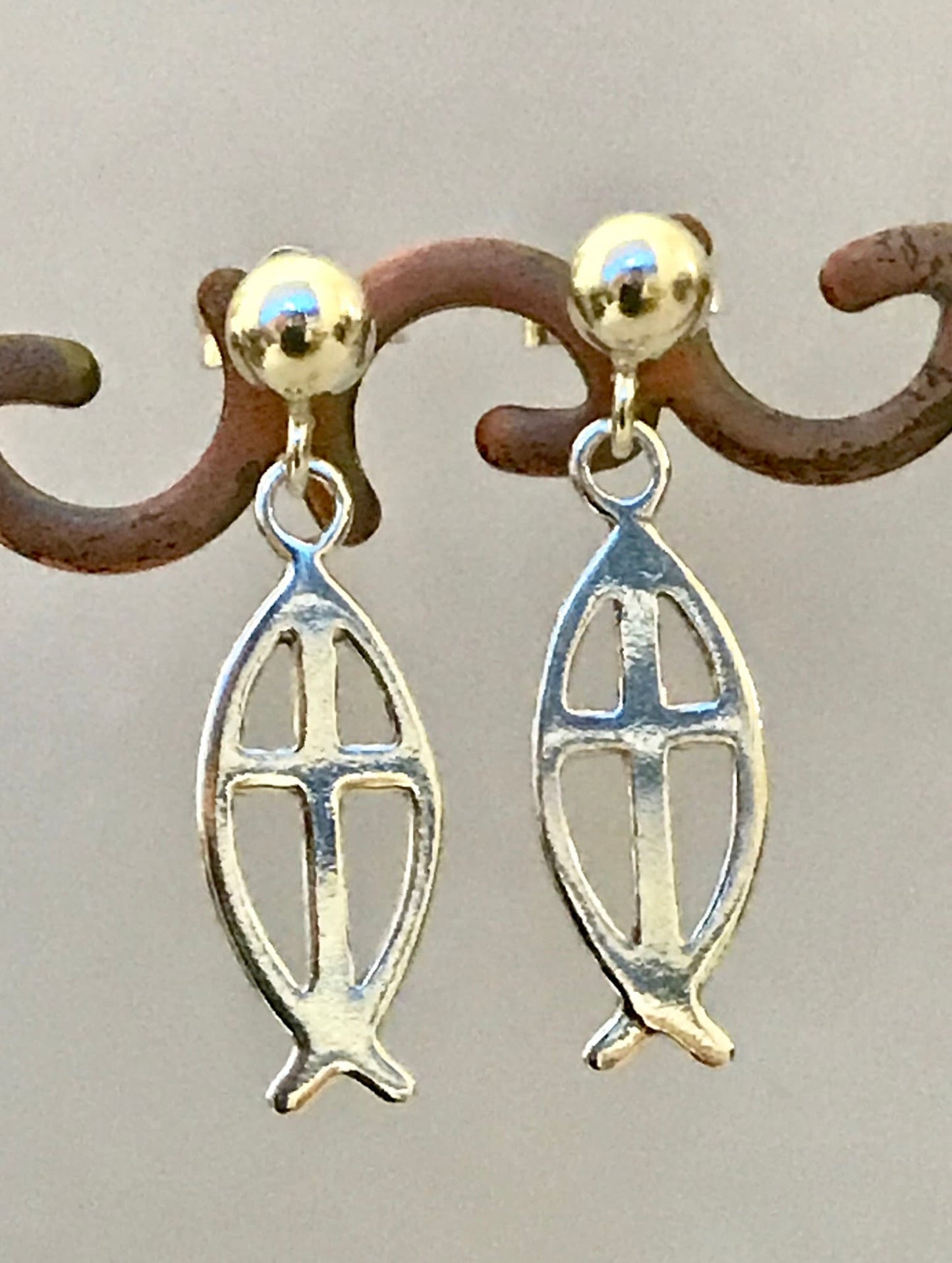 Sterling Silver Ichthys Christian Fish Earrings,Christian Symbol Earrings,Ichthys Earrings,Fish (Ichthus) Dangle Earrings,Cross Earrings