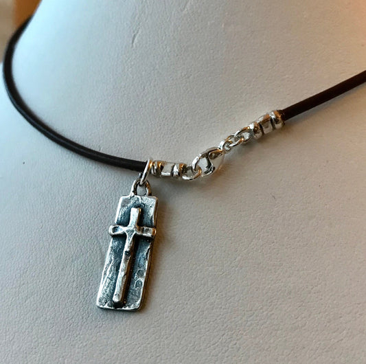 Silver Leather Cord Rectangle Cross Boy Necklace,First Communion Boy Necklace Gift,Confirmation Boy Necklace,Baptism Necklace,Cross Necklace