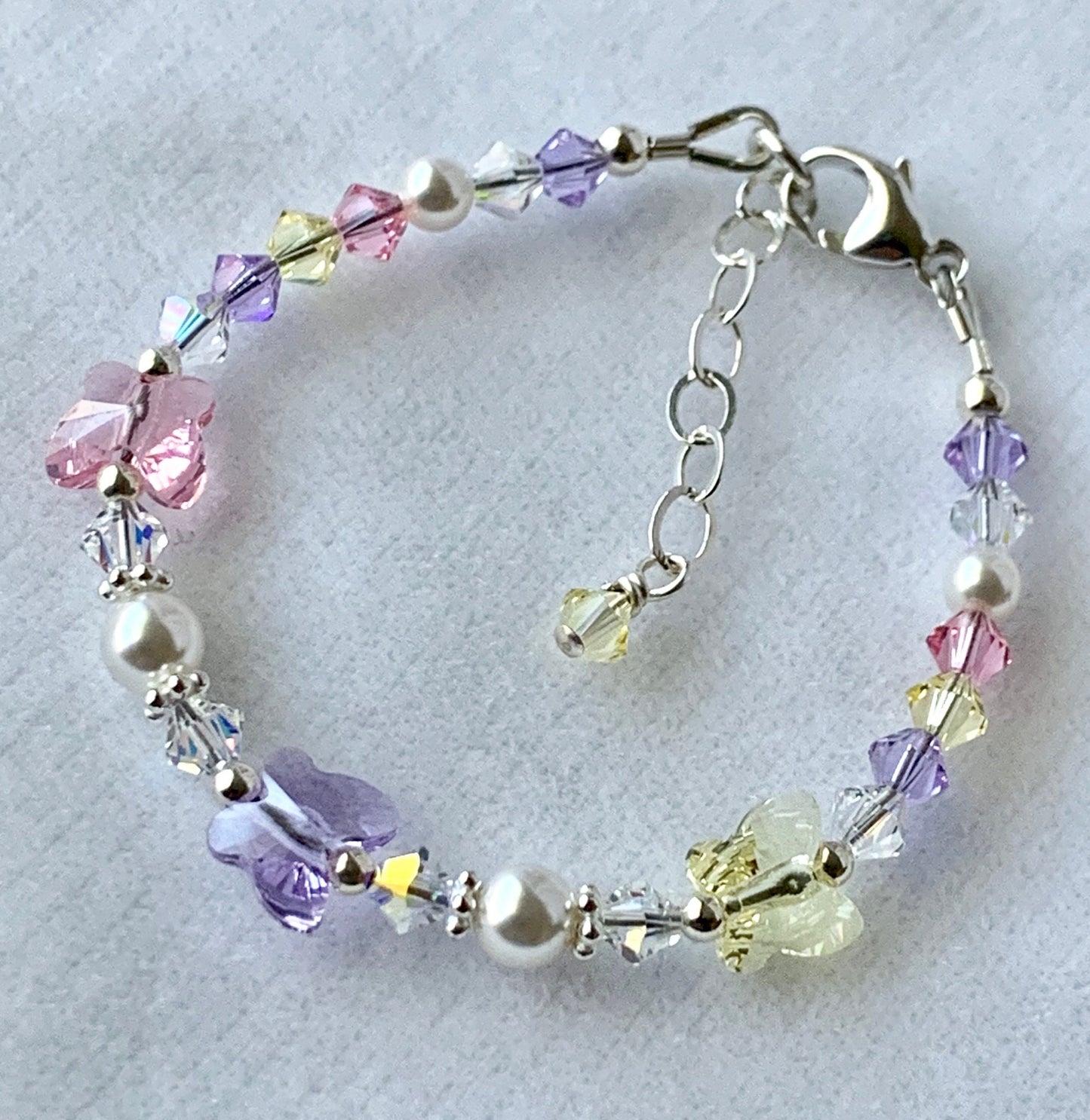 Crystal Butterfly Bracelet,Flower Girl Bracelet,Yellow Violet Pink Bracelet,Pastel Bracelet,Pink Bracelet,Butterflies Bracelet,Easter Basket