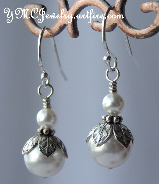 Crystal Pearl Leaves Cap Earrings,Bridesmaid Pearl Earrings,Pearl Earrings,Flower Pearl Earrings,Leaves Dangle,Bridal Wedding Pearl Earrings