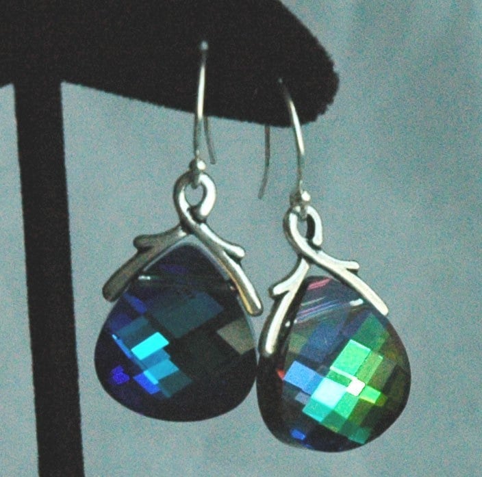 Large - PRESTIGE Crystal Aquamarine Green Sphinx Briolette Earrings,Bridesmaids Gift Set Jewelry Earrings,Teal Green Peacock Earrings Dangle