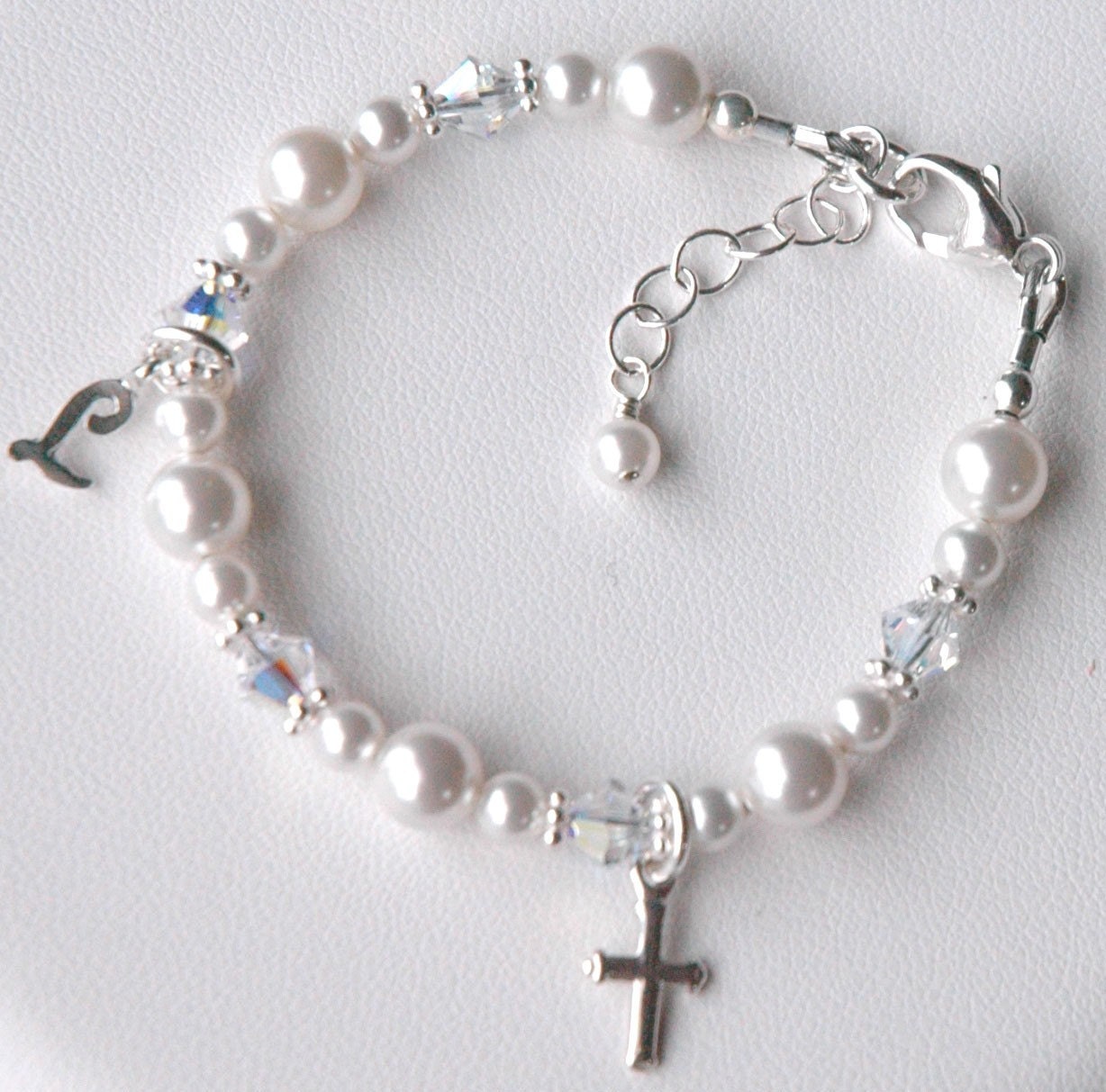 Baptism Personalized Cross Initial Pearl Bracelet,Confirmation Bracelet,First Communion Bracelet,Flower Girl Bracelet,Sideway Cross Bracelet