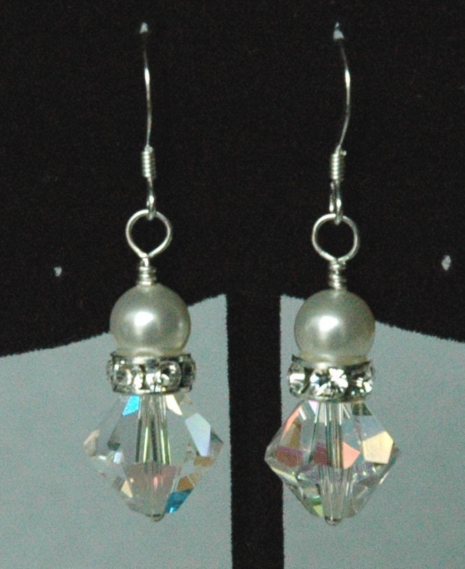 Silver Crystal Pearl Bicone Children Earrings,Tiny Small Crystal Earrings,Flower Girl Pearl Earrings,Small Pearl Crystal Dangle Earrings