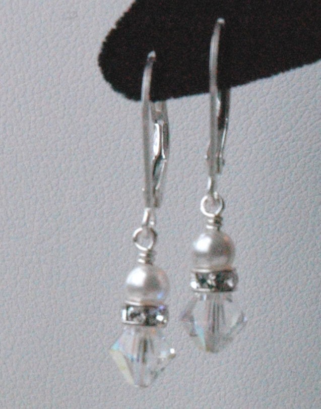 Silver Crystal Pearl Bicone Children Earrings,Tiny Small Crystal Earrings,Flower Girl Pearl Earrings,Small Pearl Crystal Dangle Earrings