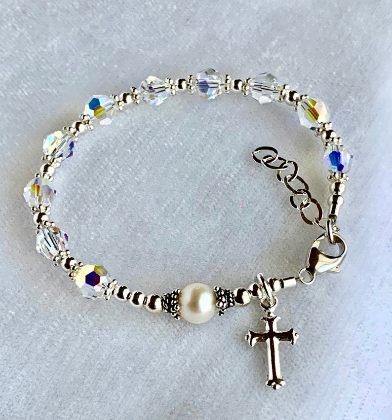 Sterling Silver Freshwater Pearl and Crystal First Holy Communion Rosary Bracelet