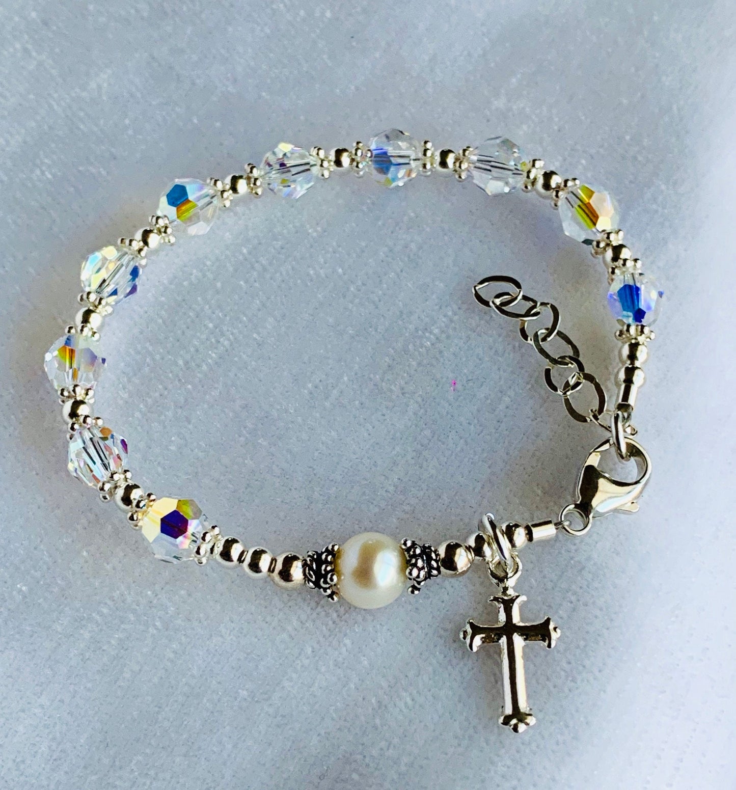 Sterling Silver Freshwater Pearl and Crystal First Holy Communion Rosary Bracelet