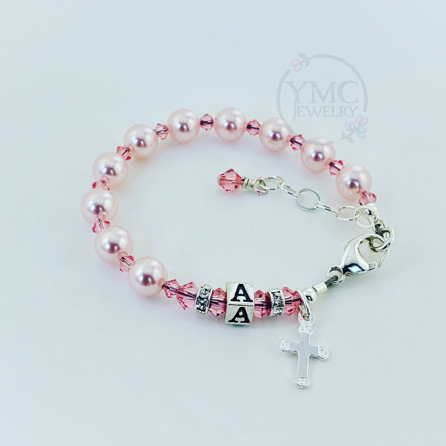 Sterling Baby Girl Baptism Pink Pearl Rosary Bracelet,Baptism Bracelet,First Communion Bracelet,Christening Bracelet,Baby Girl Bracelet