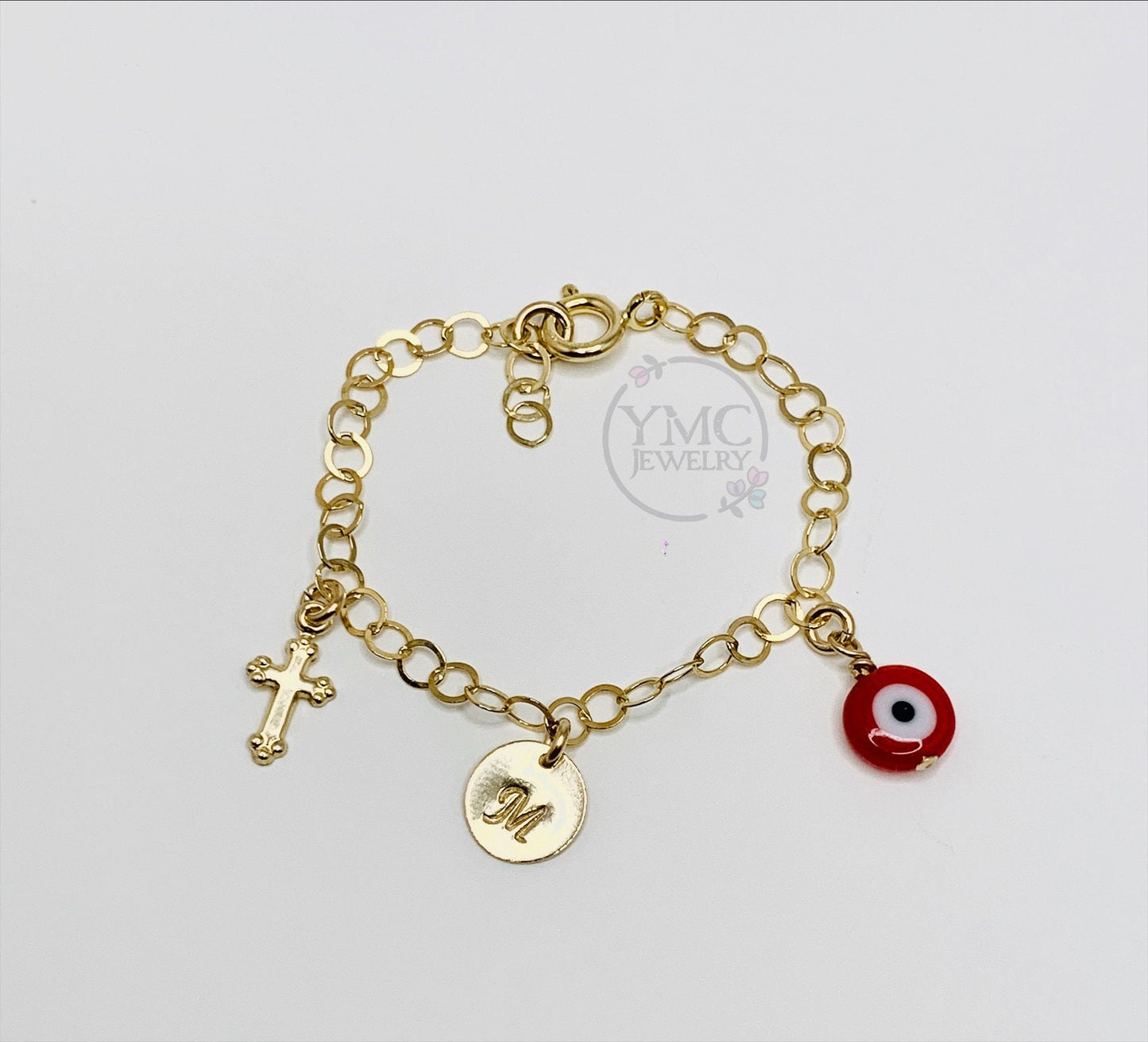 Personalized Gold Red Evil Eye Bracelet, Gold Baby Initial Evil Eye Bracelet,Baby Protection Bracelet, Gold Cross Evil Eye Baptism Bracelet
