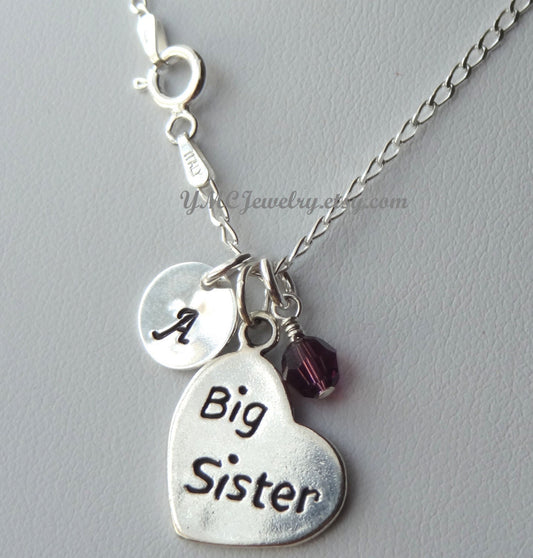 Sterling Silver Big Sister Little Sister Birthstone Initial Necklaces,Little Sister Necklace,Birthstone Sisters Necklace,Big Sister Necklace