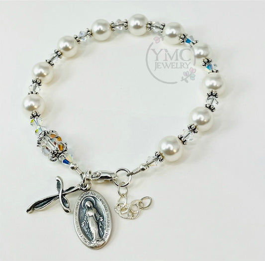 Silver Pearl Rosary Bracelet,Communion Pearl Rosary Bracelet,Confirmation Bracelet, Chaplet Rosary Bracelet,Catholic Bride Pearl Rosary