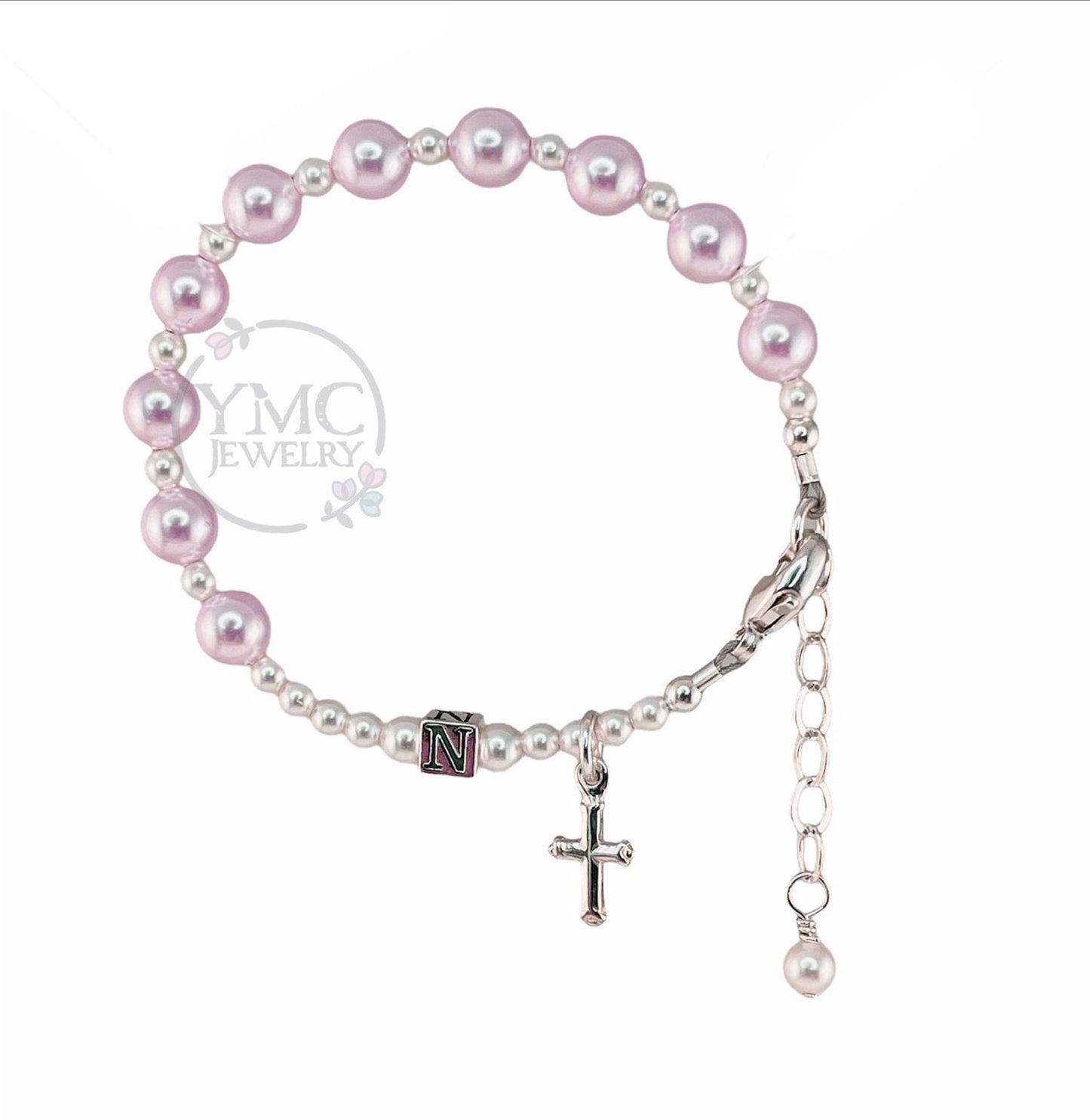 Pearl Pink Baby Rosary Bracelet,First Communion Bracelet,Baptism Rosary Bracelet,Pink Pearl Chaplet Bracelet,Pink Pearl Initial Bracelet