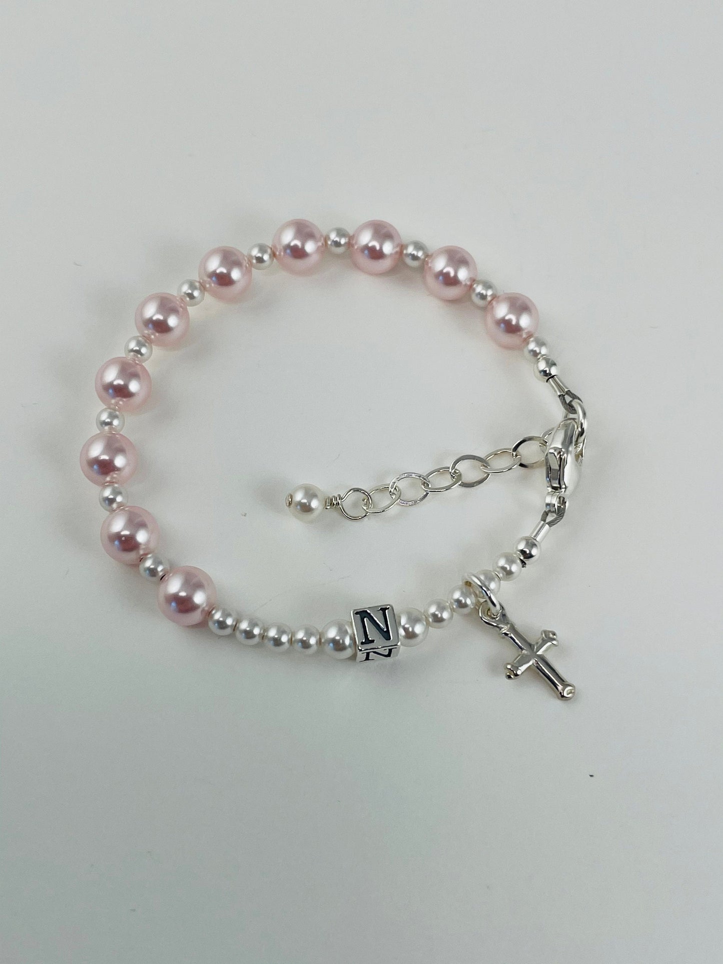 Pearl Pink Baby Rosary Bracelet,First Communion Bracelet,Baptism Rosary Bracelet,Pink Pearl Chaplet Bracelet,Pink Pearl Initial Bracelet