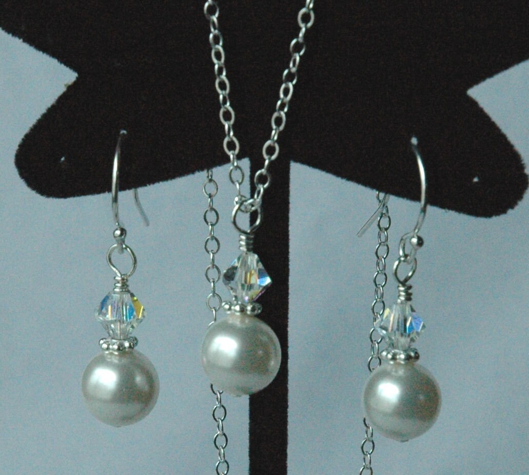 Simple Crystal Pearl Set/Earrrings Necklace,Bridesmaids Gift Set Jewelry,Bridesmaid Earrings Necklace,Bride Pearl Set,Bridal Wedding Jewelry