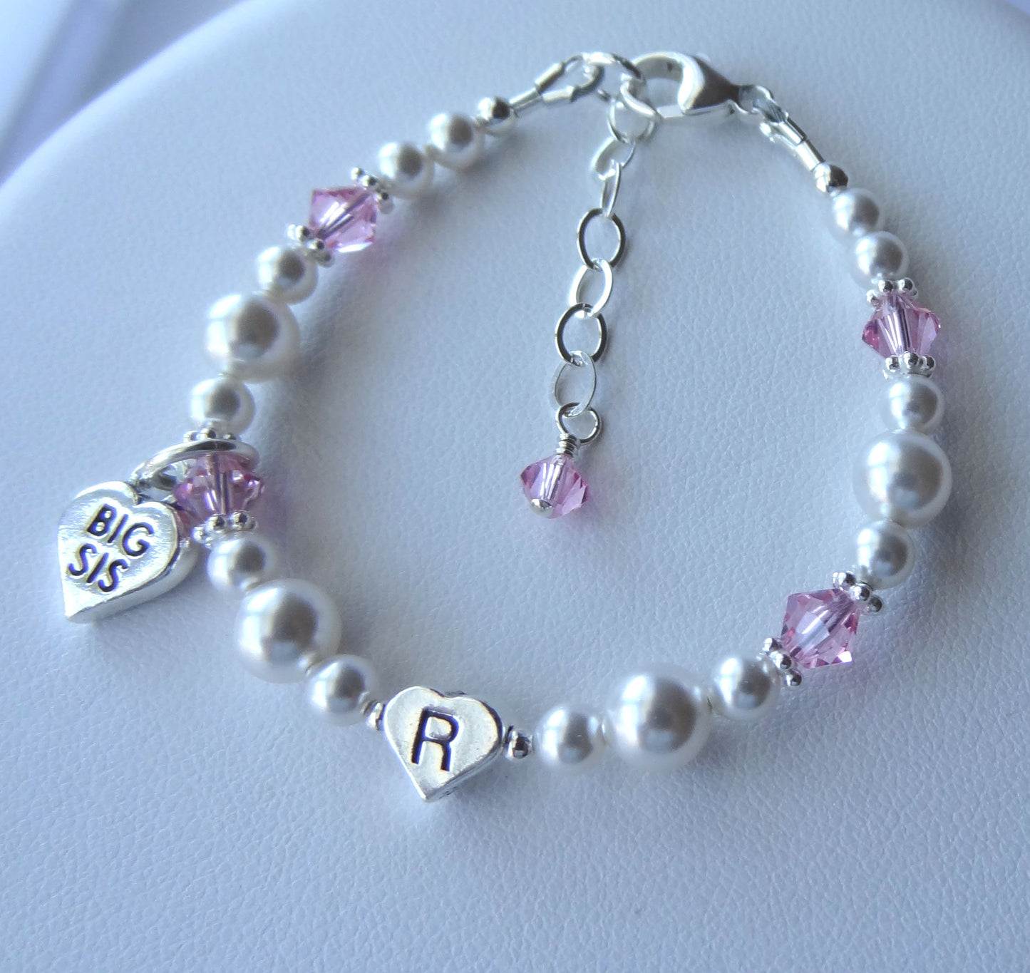 Sterling Silver Personalized Big Sister/Middle Sister/Little Sister Name Children Bracelet,Heart Charm Big Sis Mid Sis Lil Sis Name Bracelet