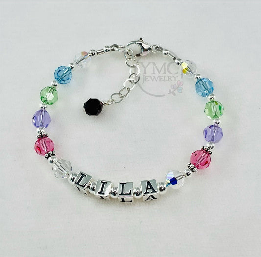 Personalized Girl Crystal Name Bracelet,Multicolor Name Bracelet,Baby ID/Name Bracelet,Flower Girl Name Bracelet,Birthstone Name Bracelet