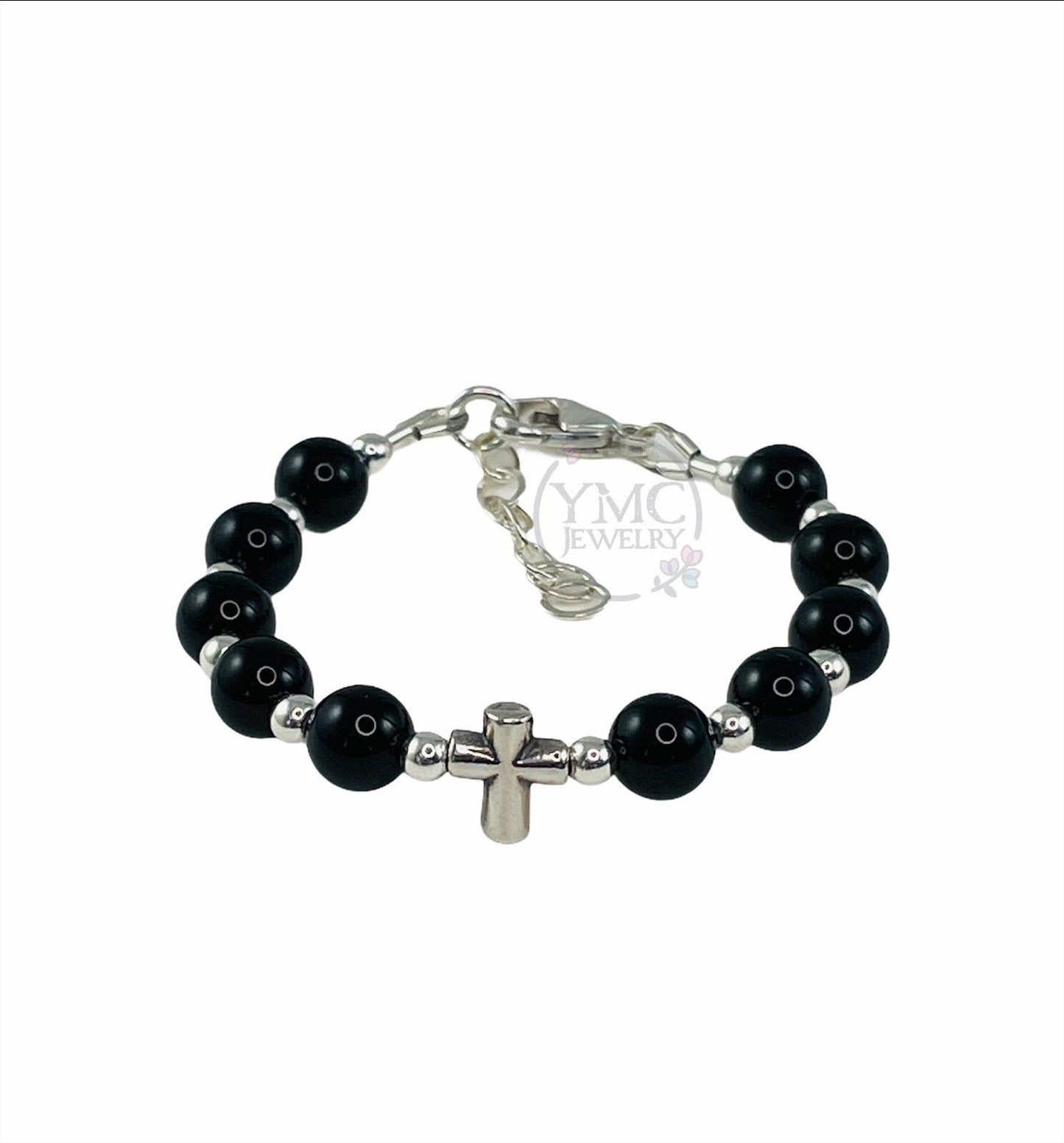 Sterling Catholic Baby Boy Cross Baptism Communion Black Onyx Bracelet