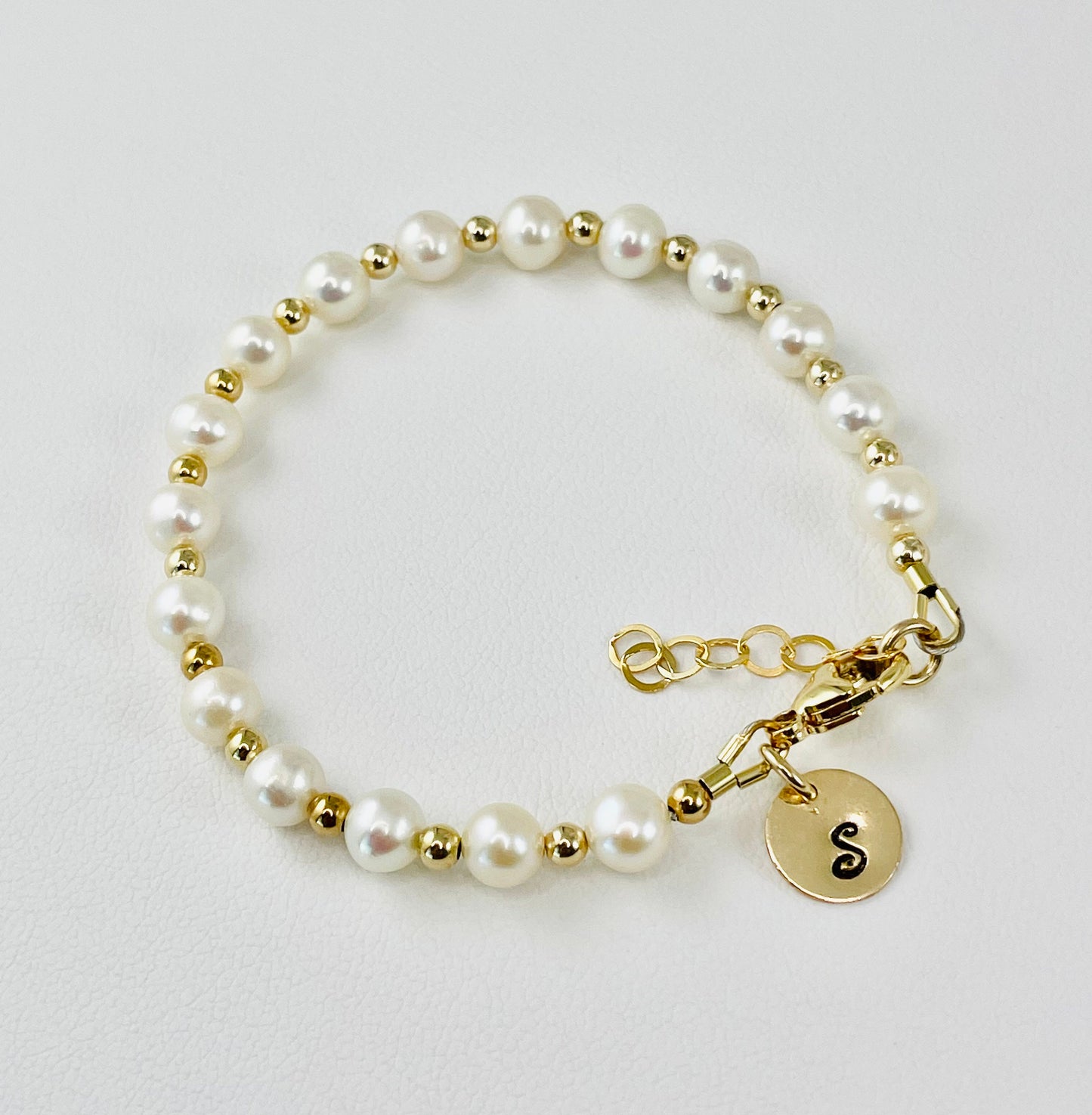 Gold Real Pearl Initial Stackable Toddler Bracelet,Gold Dainty Freshwater Pearl Bracelet For Kids Girls,Gold Layering Mom and Me Bracelet