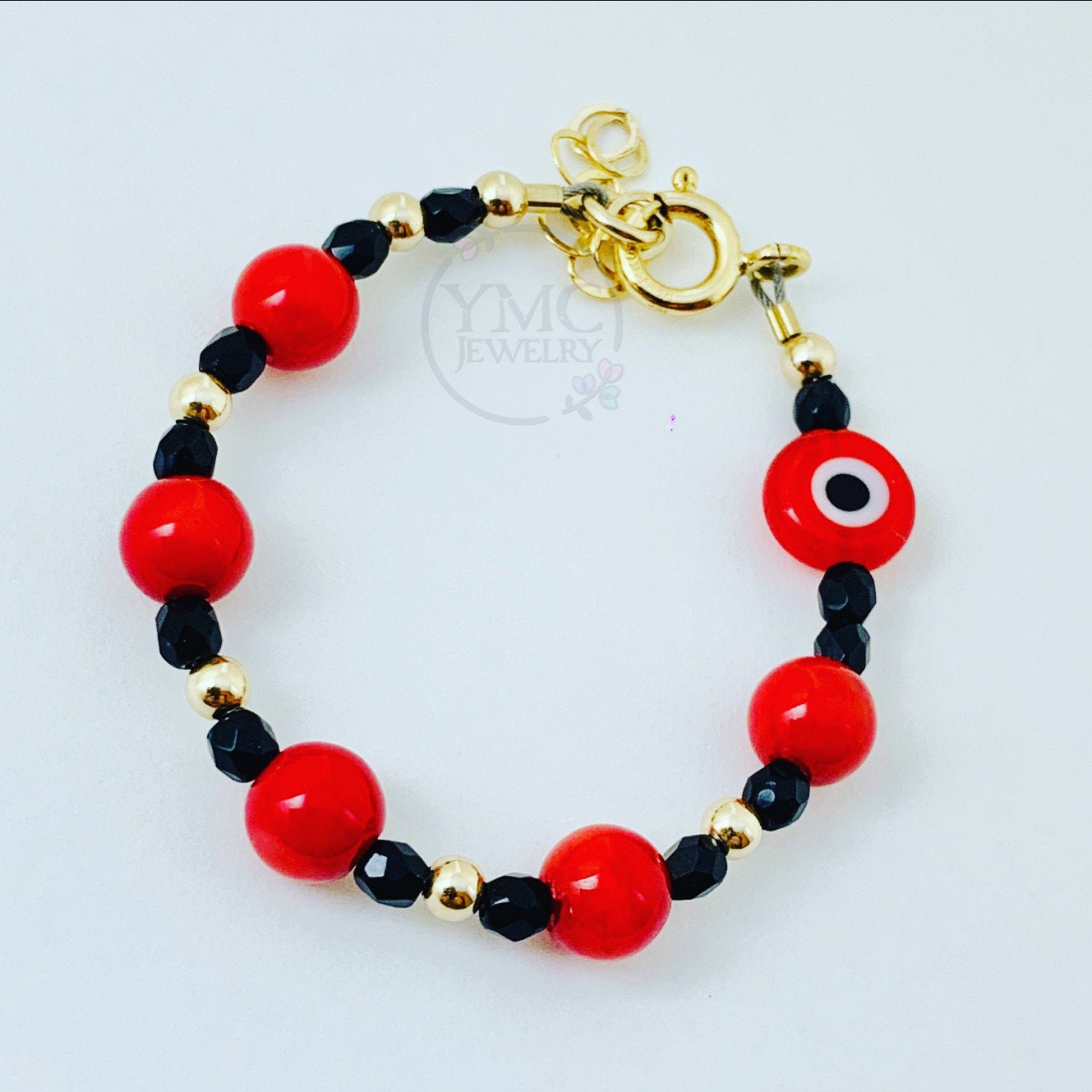 Gold Red Jade and Evil Eye Crystal Children's Bracelet,Baby Boy Bracelet,Baby Protection Evil Eye Bracelet,Gold Red and Black Bracelet,