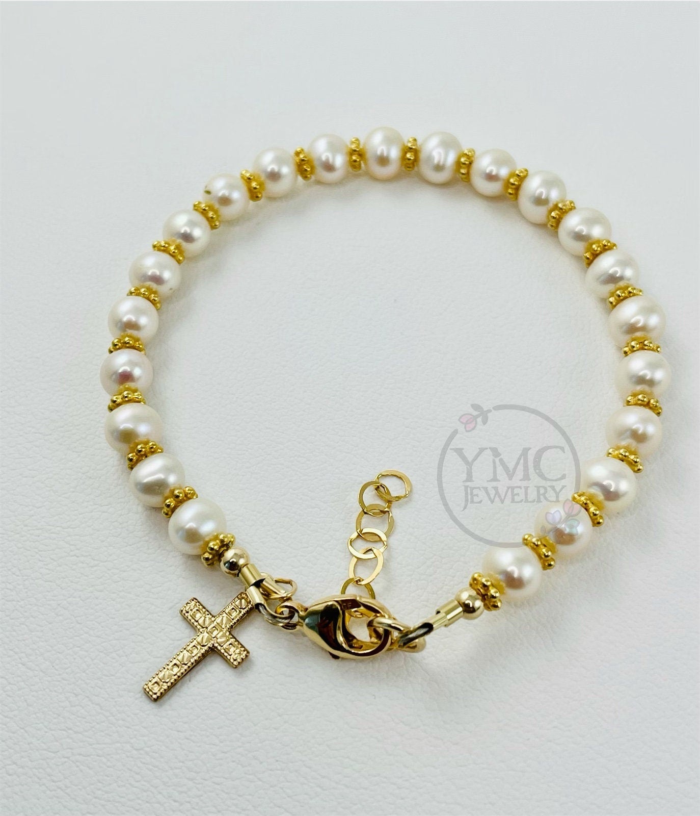 Gold Real Pearl Cross Baptism Bracelet,Flower Girl Bracelet,Pearl Baptism to Bride Bracelet,First Communion-Confirmation,Baby Pearl Bracelet