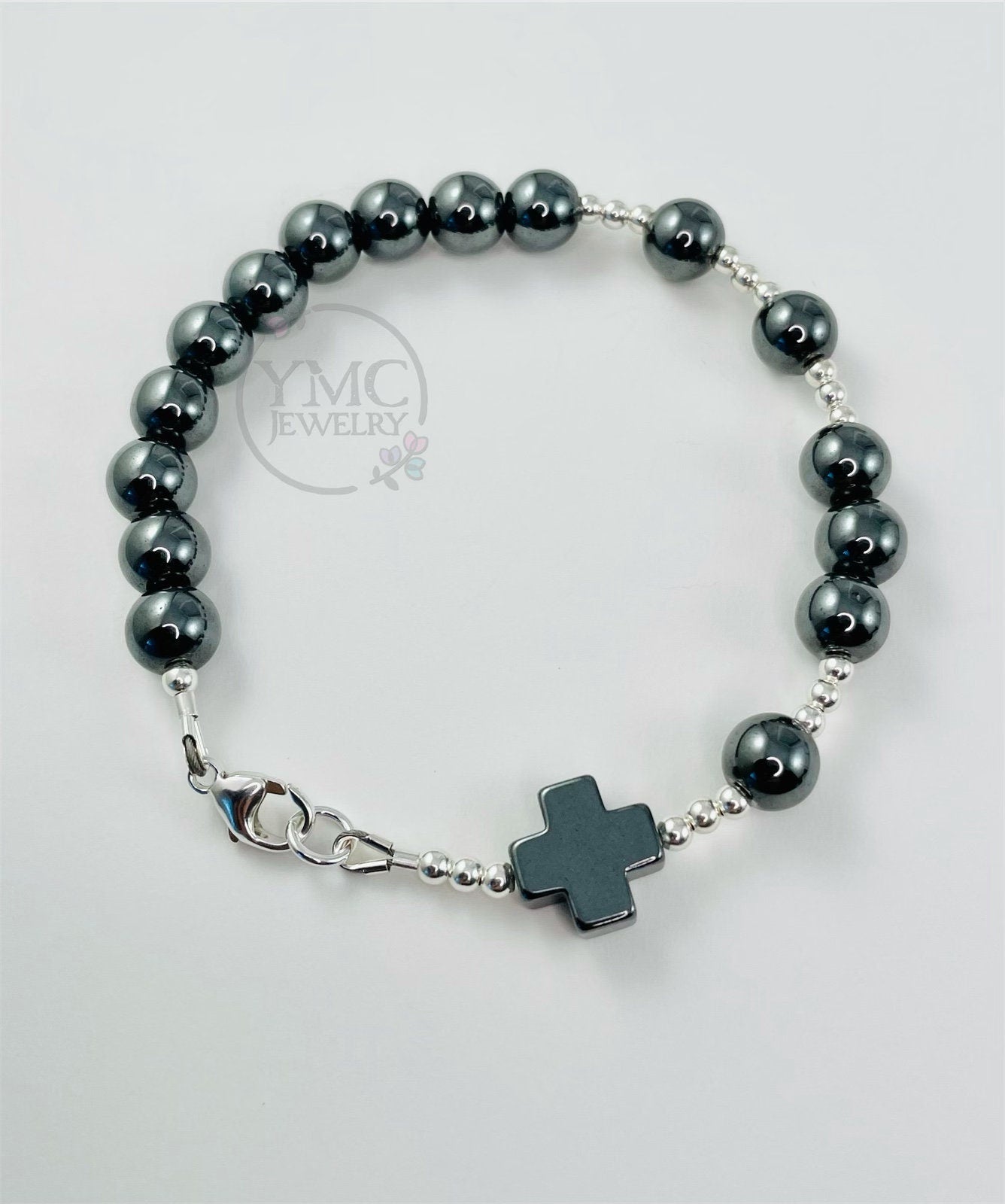 Sterling Hematite Men's Rosary Bracelet,First Communion Bracelet,Confirmation Bracelet,Godfather Bracelet, Men Chaplet Rosary Bracelet, RCIA