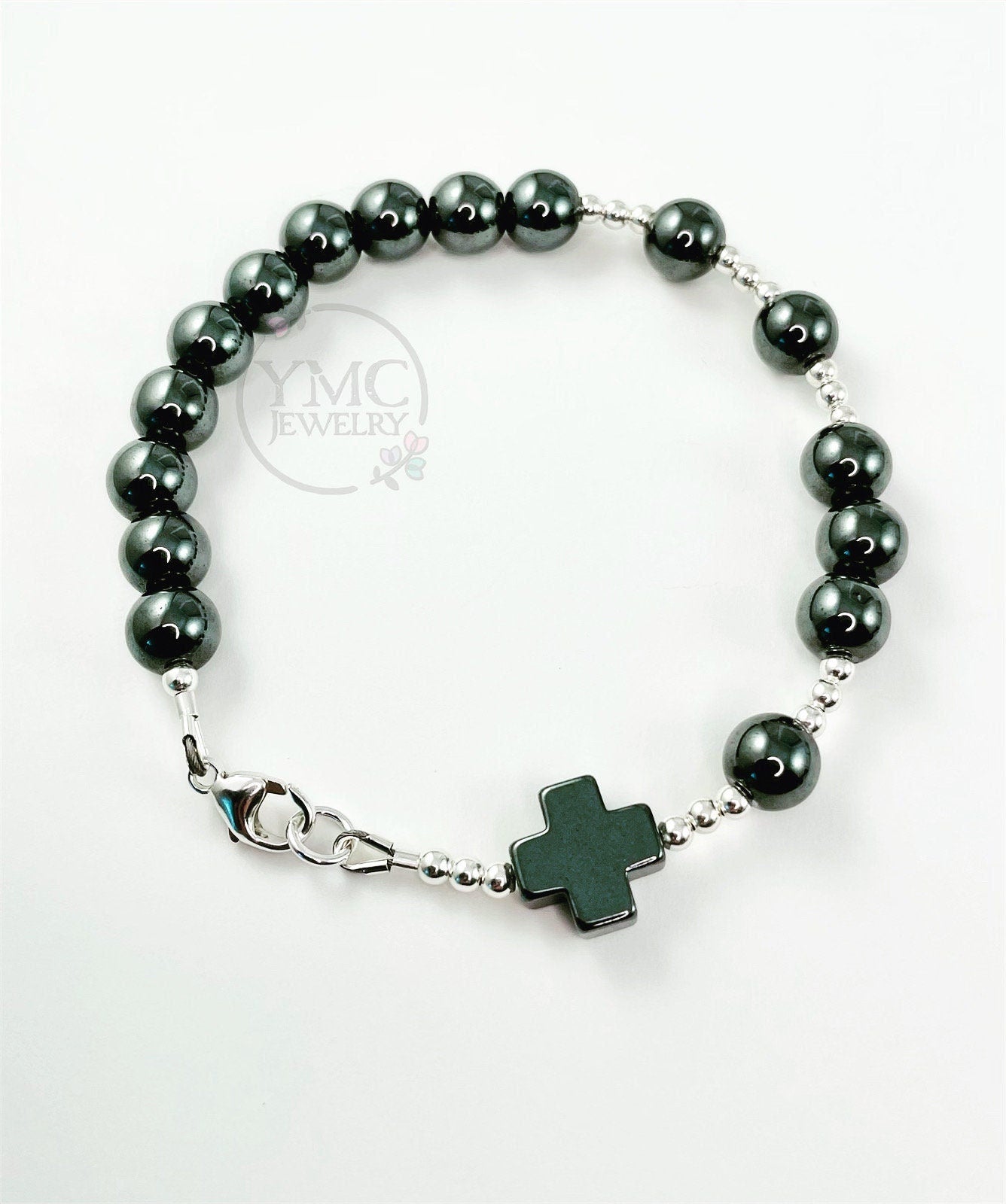Sterling Hematite Men's Rosary Bracelet,First Communion Bracelet,Confirmation Bracelet,Godfather Bracelet, Men Chaplet Rosary Bracelet, RCIA
