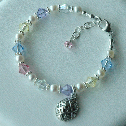 Sterling Silver Multicolor Crystal and Freshwater Pearls Bracelet,Easter Bracelet,Easter Basket Stuffer, Easter Bracelet for Girls