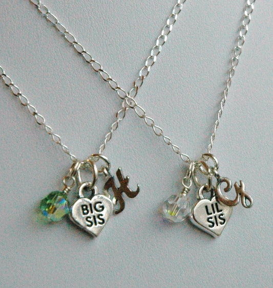 Sterling Silver Big Sister Lil Sister Birthstone Initial Necklace, Monogrammed Necklace, Birthstone, Big Sister Little Sister Necklace