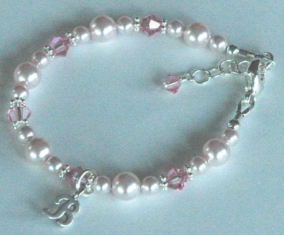 Personalized Baby Pink Pearls Initial Bracelet,Flower Girl Pearl Bracelet,Initial pearl Bracelet,Pink Pearl Bracelet, Twin ID Girls Bracelet