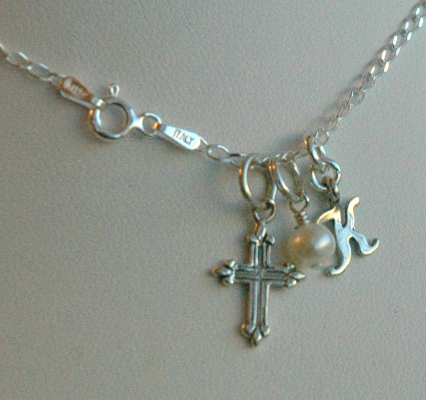 Confirmation Necklace,Sterling Silver Initial Cross Pendant Necklace, Cross Initial Letter Necklace, Baptism First Communion Cross Necklace