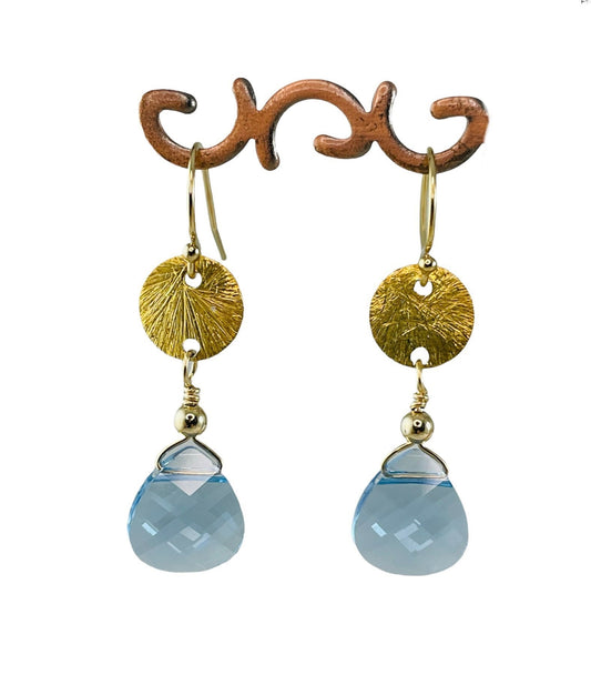 Gold Aquamarine Disc Birthstone Earrings,Gold Drop Earrings,Small Gold Connected Circle Earrings,Disk Drop Dangle,Birthstone March Earrings