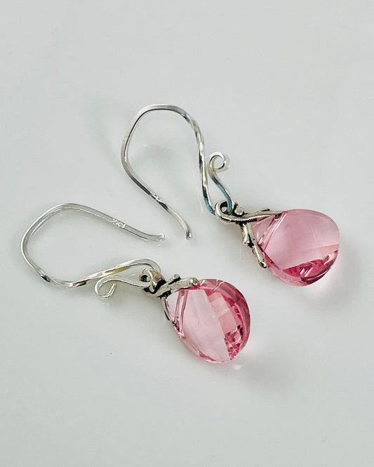 Light Pink Earrings-Light Pink Rose Crystal Briolette Earrings,Pink Crystal Earrings,Light Rose Teardrop Dangle,Bridesmaid Pink Earrings
