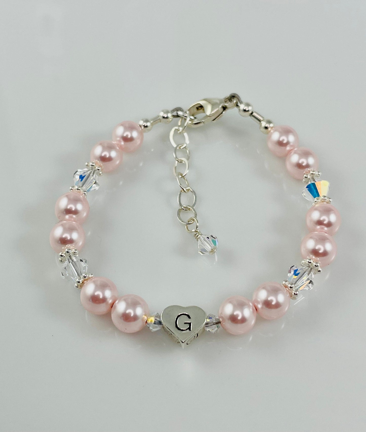 Pink Pearl Personalized Bracelet,Personalized Heart initial Crystal Pearl Bracelet,Rose Pearl Initial Bracelet,Flower Girl Pearl Bracelet