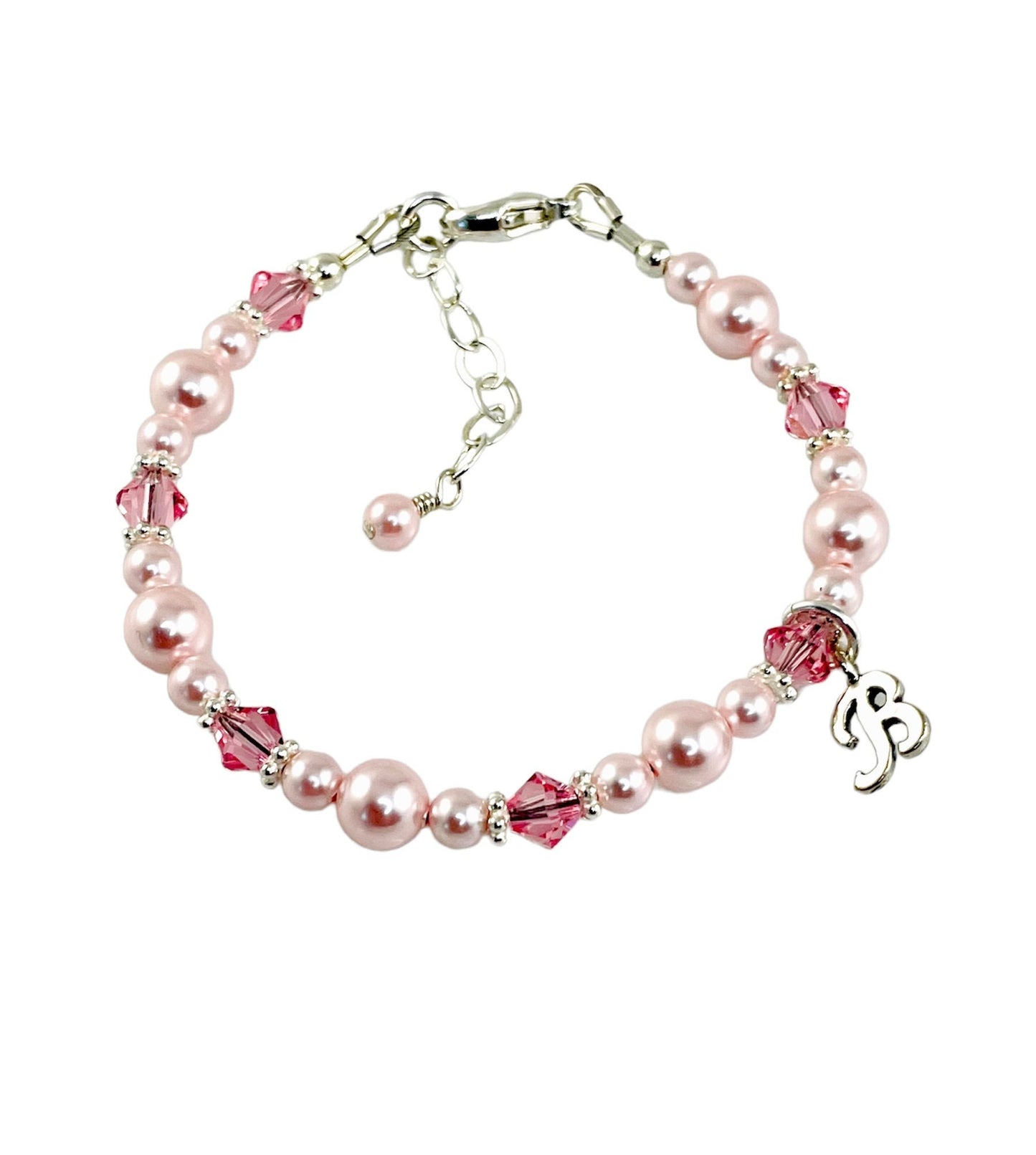 Personalized Baby Pink Pearls Initial Bracelet,Flower Girl Pearl Bracelet,Initial pearl Bracelet,Pink Pearl Bracelet, Twin ID Girls Bracelet