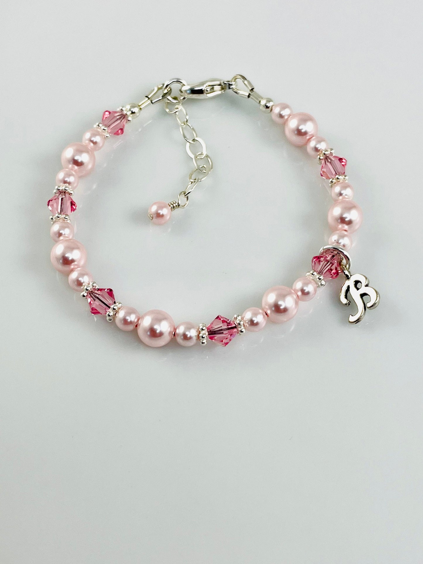 Personalized Baby Pink Pearls Initial Bracelet,Flower Girl Pearl Bracelet,Initial pearl Bracelet,Pink Pearl Bracelet, Twin ID Girls Bracelet