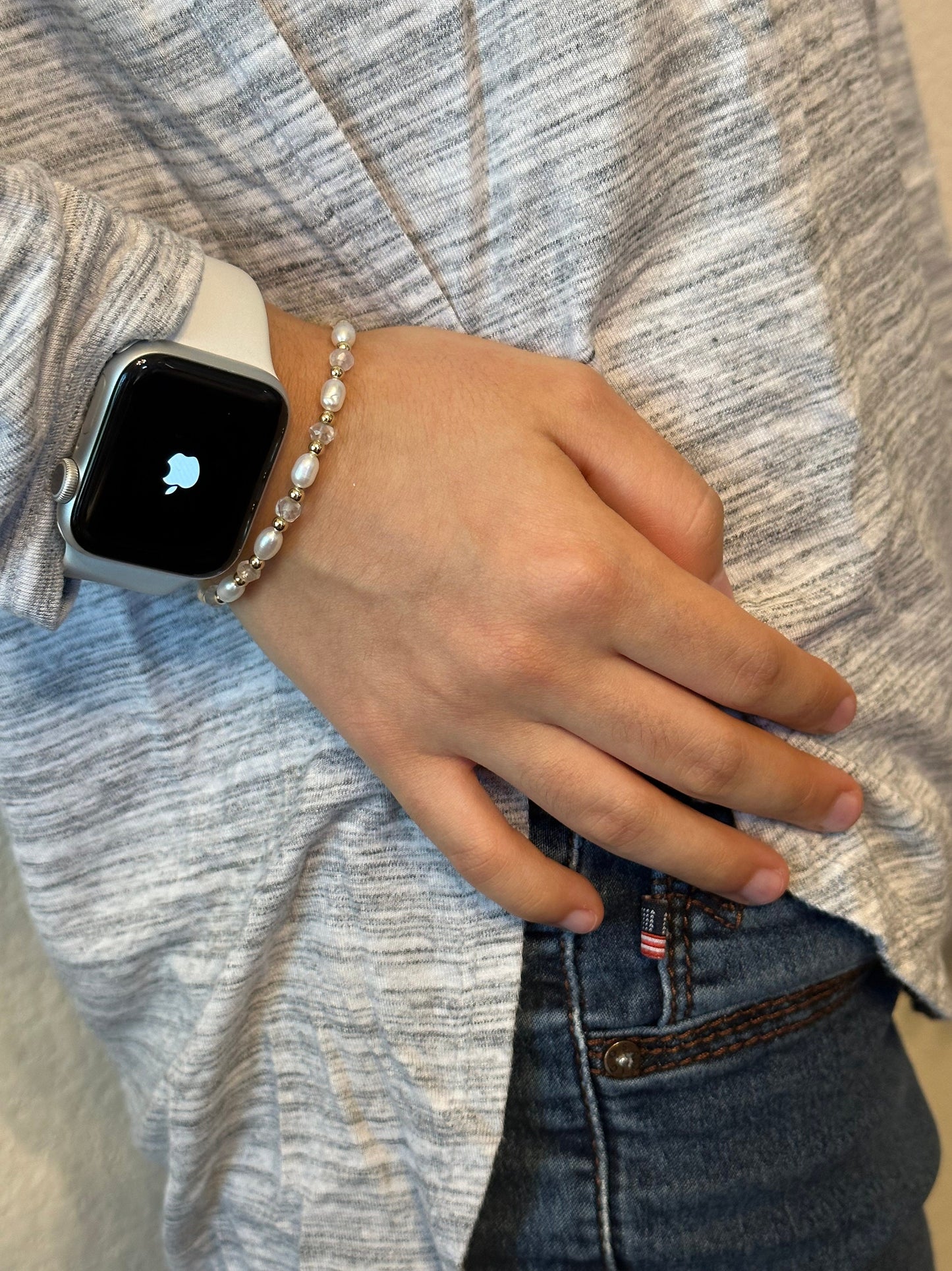 Gold White Pearl Rose Quartz Bracelet,Pale Pink Stone Bracelet,Personalised Jewelry,Gift for Her,Freshwater Pearl Friendship Bracelet