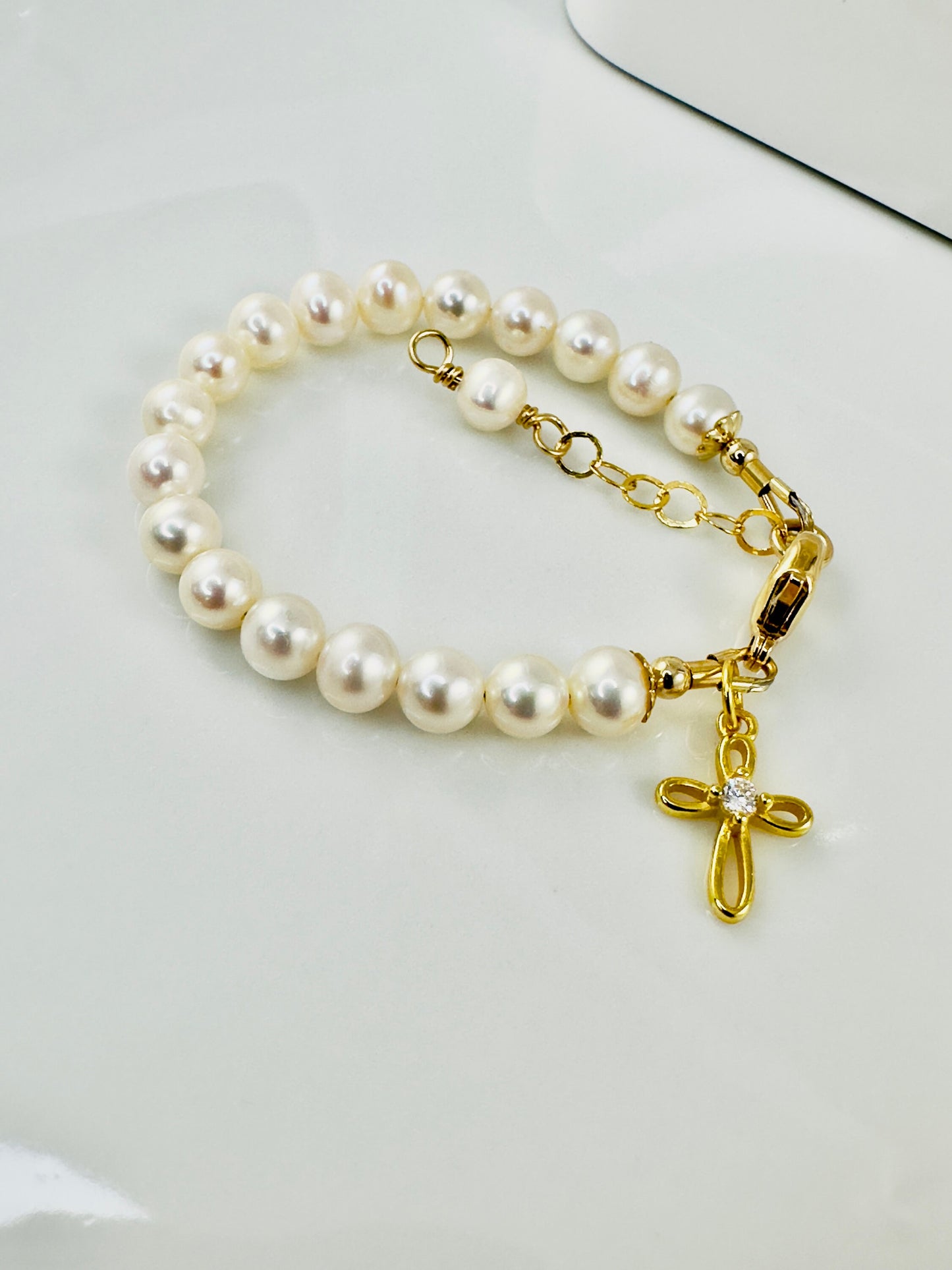 Gold Baptism to Bride Keepsake Bracelet,Freshwater Pearl Baby Bracelet,Christening Bracelet,Real Pearl Cross Bracelet,Baby to Adult Bracelet