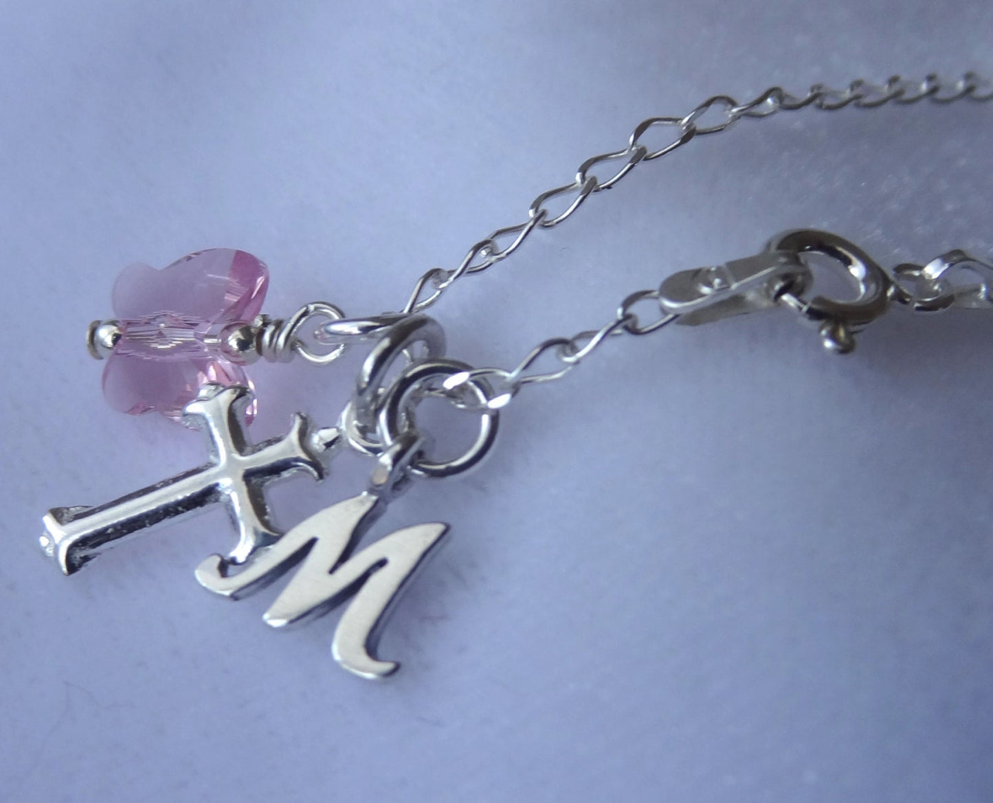 Confirmation GodChild Necklace,Sterling Cross Initial Necklace,Light Pink Butterfly Necklace,First Communion Confirmation Cross Necklace