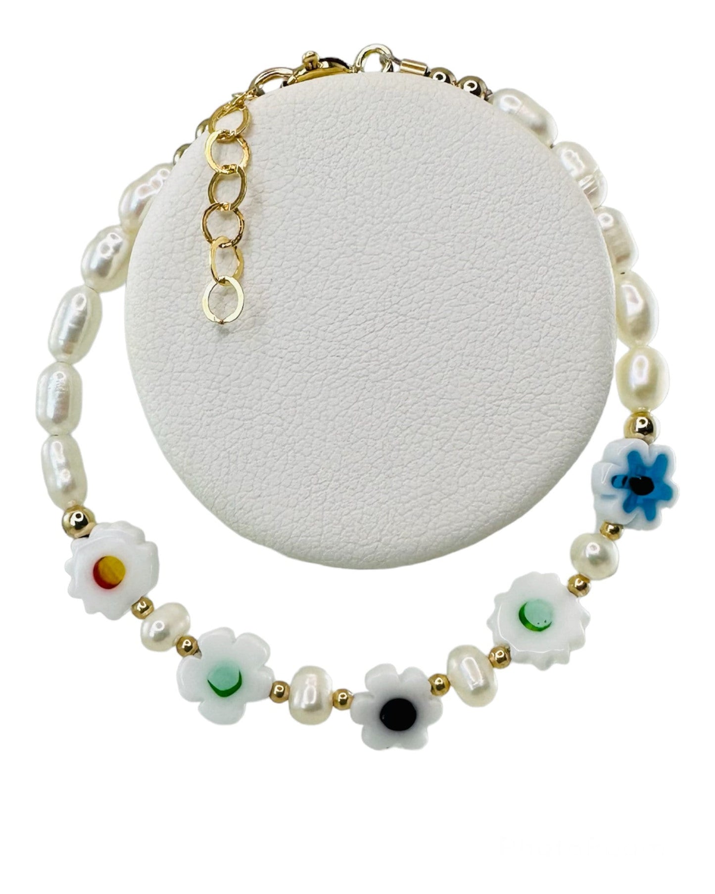 Gold Baby Flower Glass Pearl Bracelet,White Daisy Bracelet,Bracelet Gifts for Baby Little Girl Baby Girl Toddler Newborn Twins ID Bracelet