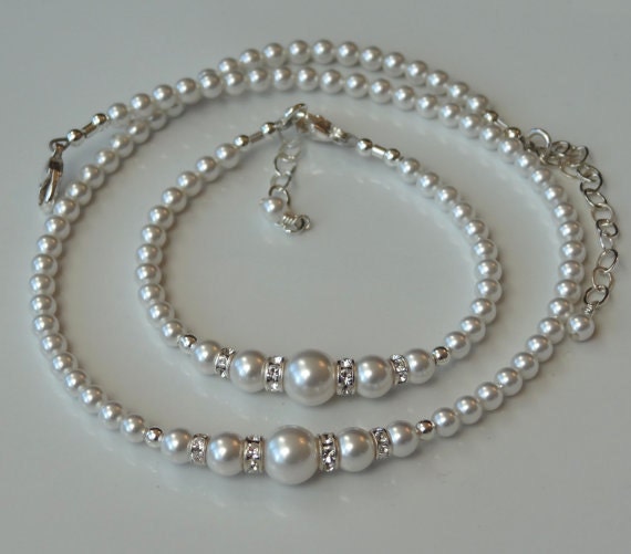 PRESTIGE Crystal Rhinestone Pearl Round Necklace Bracelet- SET, Bridesmaids Gift Necklace, Flower Girl Necklace, Junior Bridesmaids