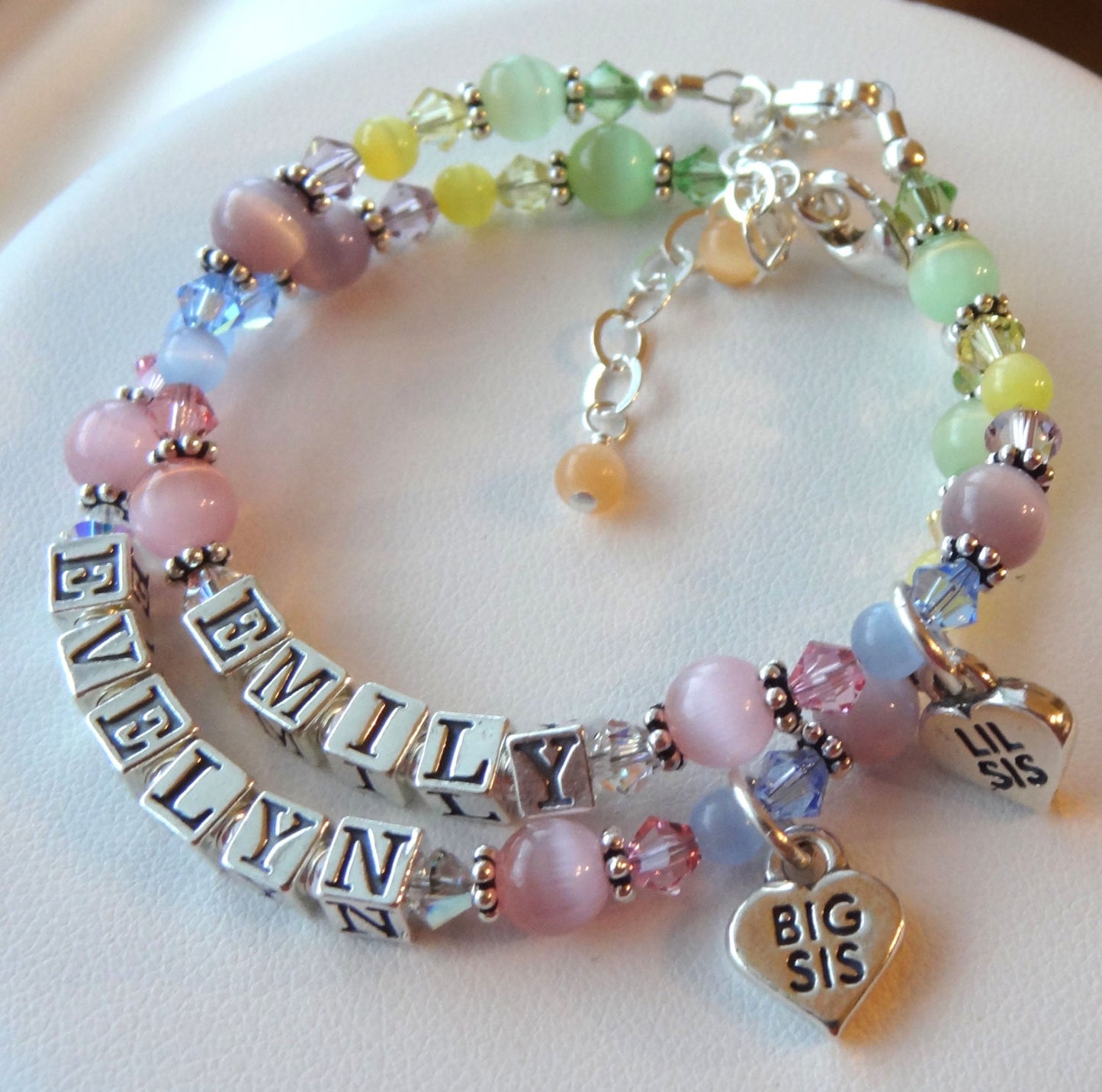 TWO Big Sister/Little Sister Name Bracelet,Heart Big Sis Lil Sis Charm Bracelet, Sisters Bracelet SET, Name Bracelet, Colorful Bracelet